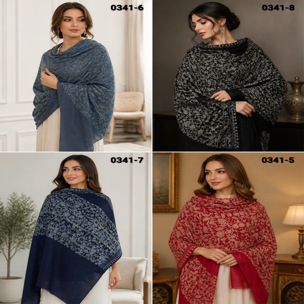 Pure Wool Fine Embroidered Zari Resham Paisley Floral Jaal Stoles.