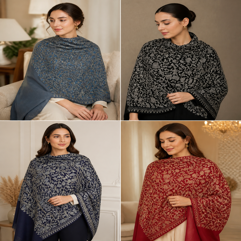 Pure Wool Fine Embroidered Zari Resham Paisley Floral Jaal Stoles.