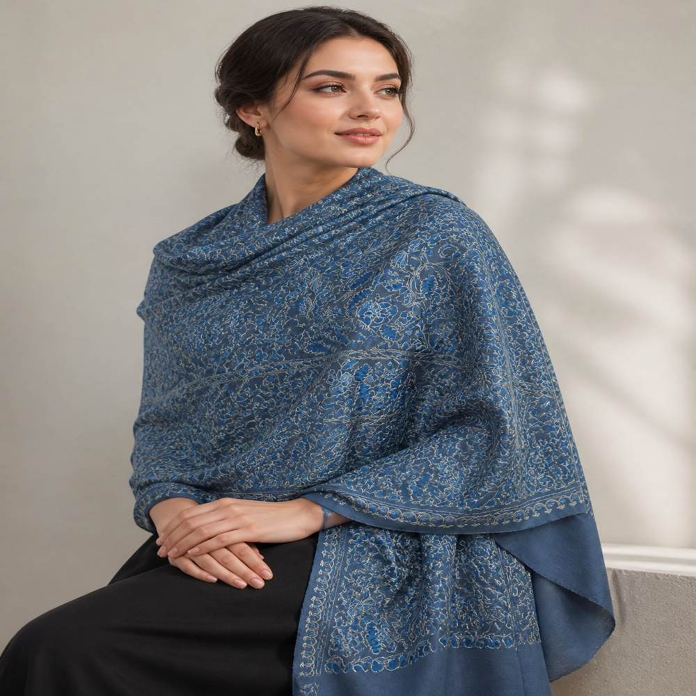 Pure Wool Fine Embroidered Zari Resham Paisley Floral Jaal Stoles.
