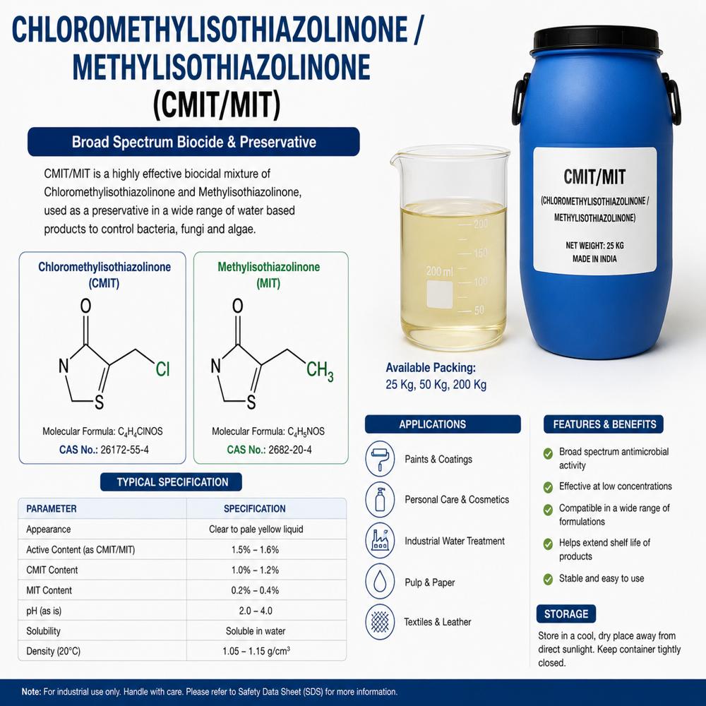 Chloromethylisothiazolinone /Methylisothiazolinone Cmit/Mit - Application: Water Treatment Systems (Cooling Towers And Process Water) Paints And Coatings Adhesives And Sealants Latex Emulsions Paper And Pulp Processing Textile Processing Chemicals Leather Processing Chemicals Detergents And Cleaning Formulations Metalworking Fluids Industrial Emulsions Construction Chemicals Printing Inks Polymer Emulsions Household And Institutional Cleaning Products Wood Preservation Formulations Oilfield And Industrial Process Chemicals
