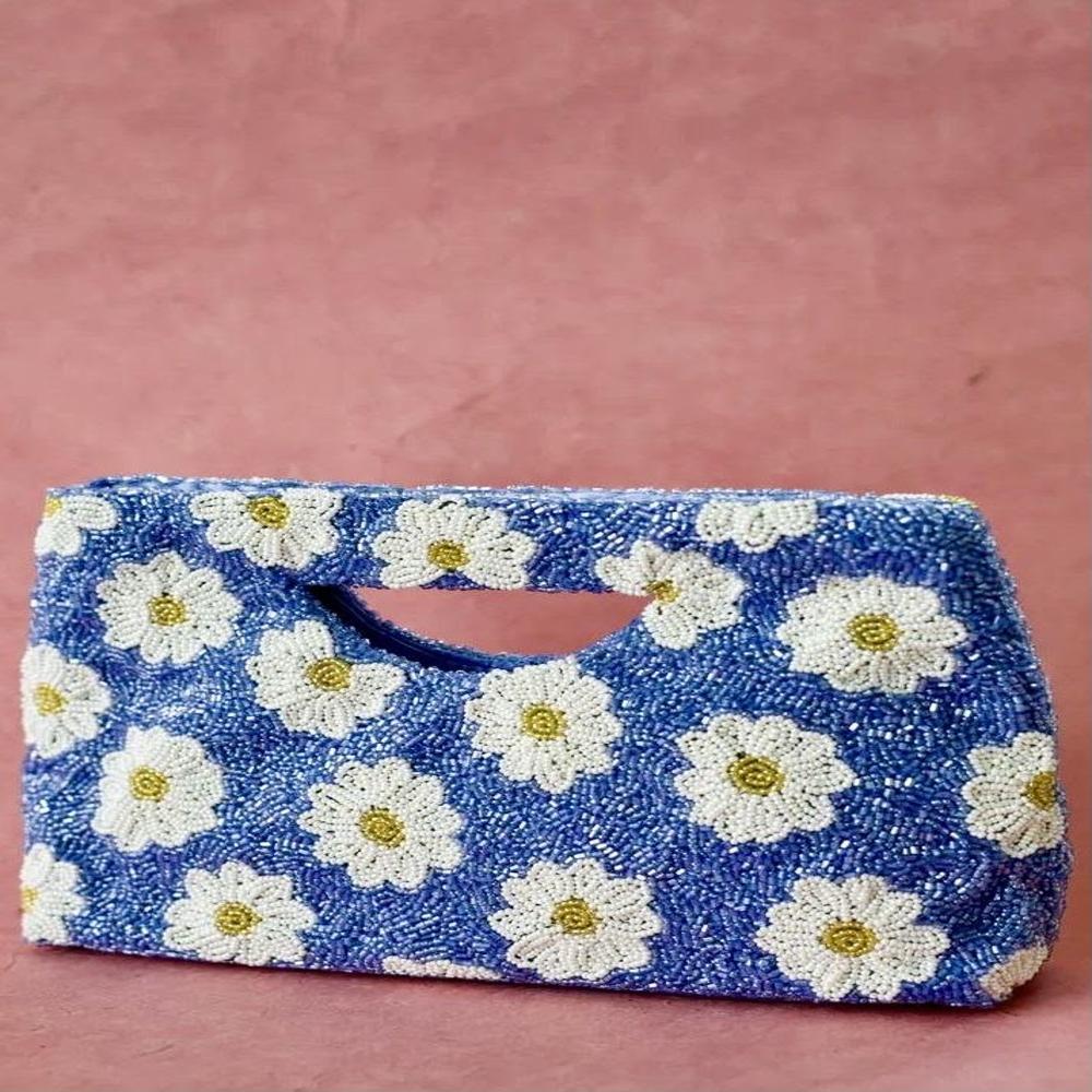 Blue Daisy Handwork Beaded Designer Tote Handbag
