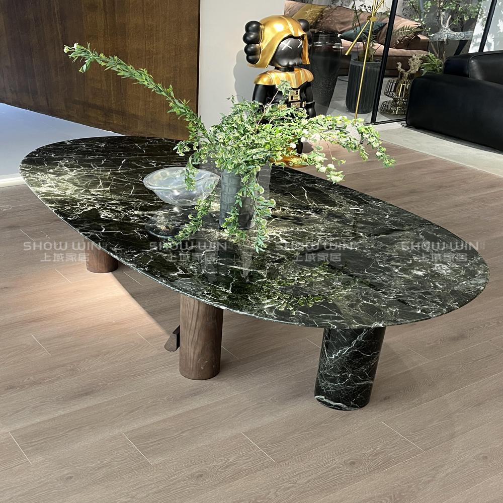 Modern Oval Portoro Green Marble Dining Table, Contrast Wood & Marble Cylindrical Leg Dining Table