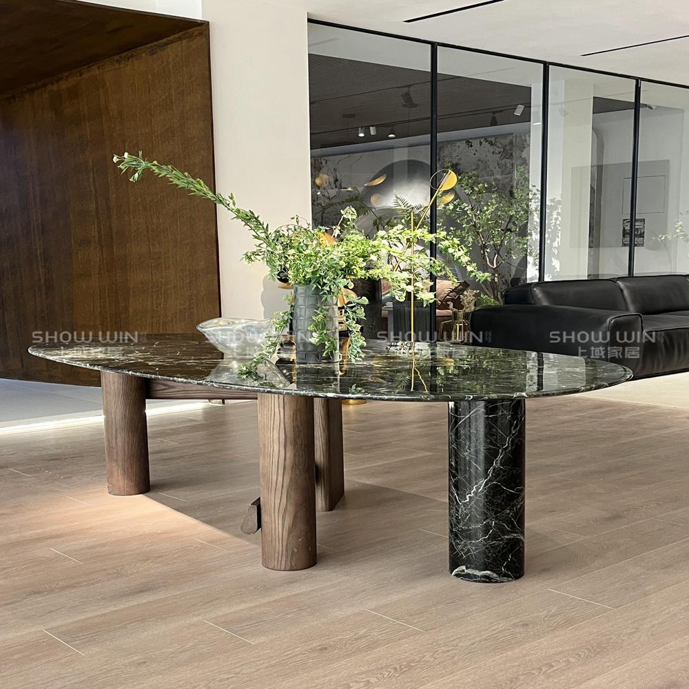 Modern Oval Portoro Green Marble Dining Table, Contrast Wood & Marble Cylindrical Leg Dining Table