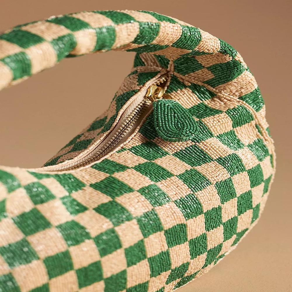 Green Checkerboard Hand Beaded Designer Shoulder Handbag