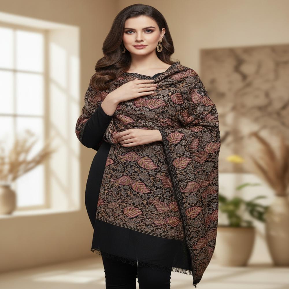 Pure wool leaf embroidered  all over jaal stoles stoles