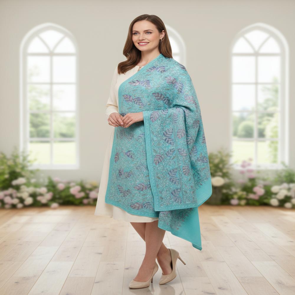 Pure wool leaf embroidered  all over jaal stoles stoles