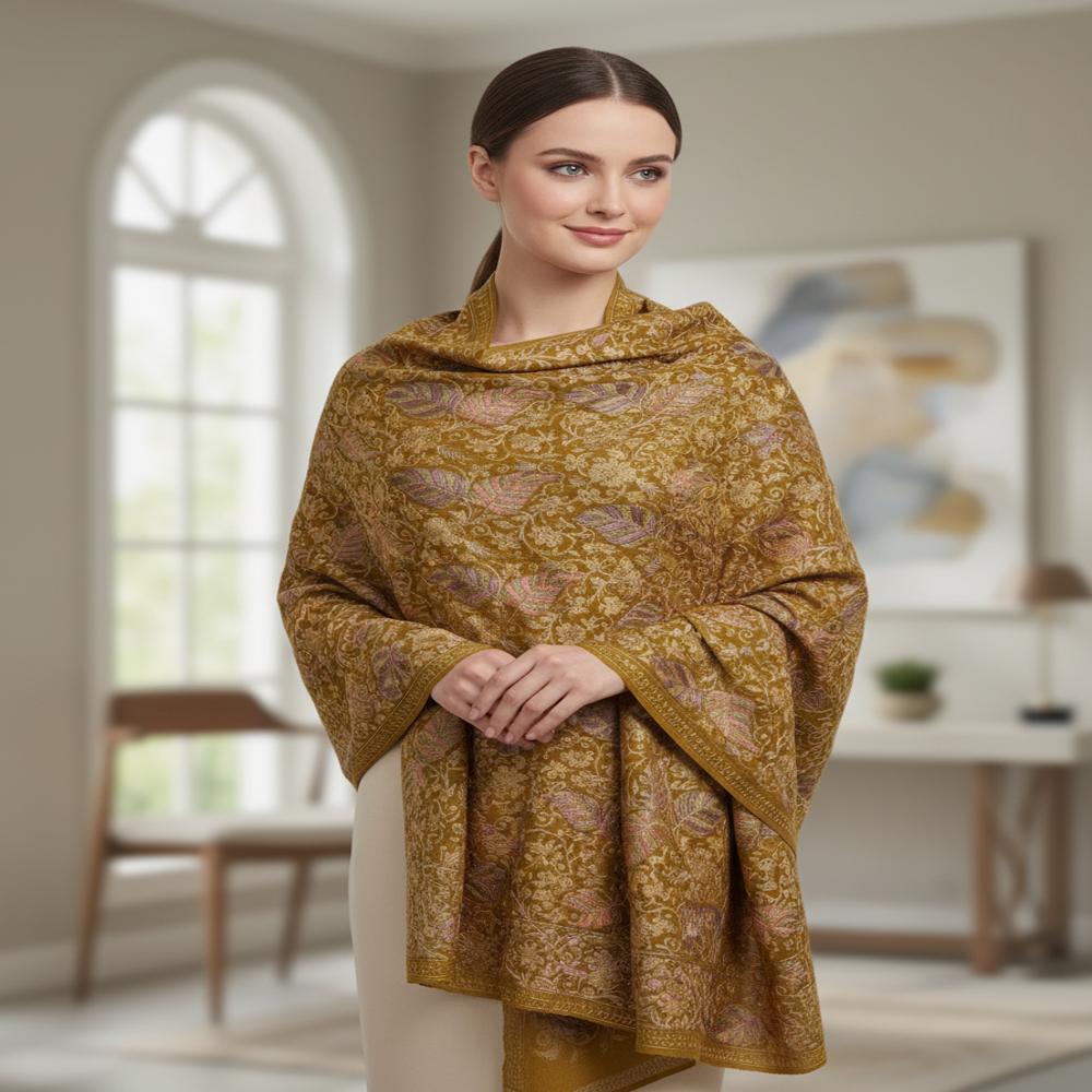 Pure wool leaf embroidered  all over jaal stoles stoles