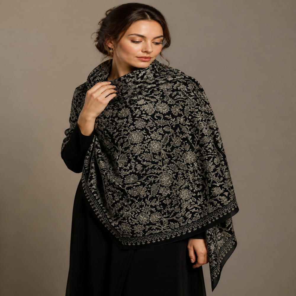Pure wool leaf embroidered  all over jaal stoles stoles