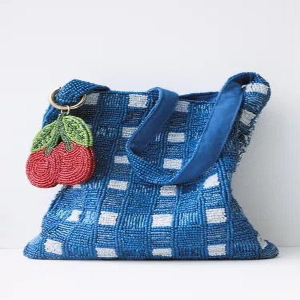 Blue Checkered Cherry Hand Beaded Designer Shoulder Bag
