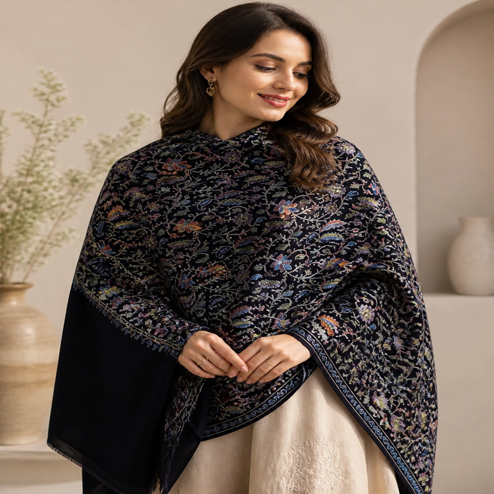 Pure wool intricate embroidered jaal stoles