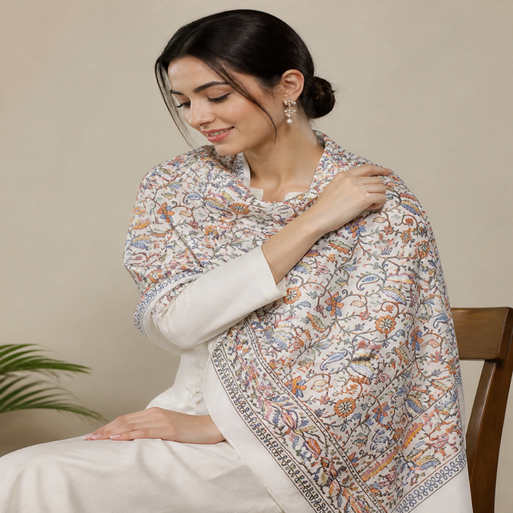 Pure wool intricate embroidered jaal stoles