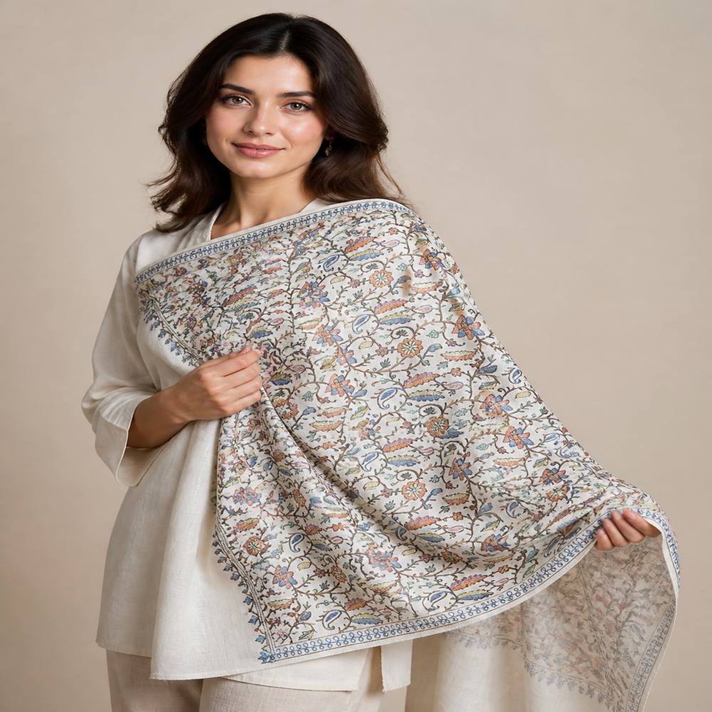 Pure wool intricate embroidered jaal stoles