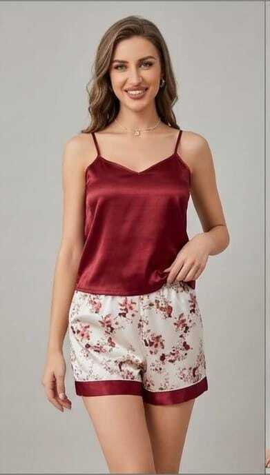 Ladies Floral Print Satin Cami and Shorts Night Suit Set