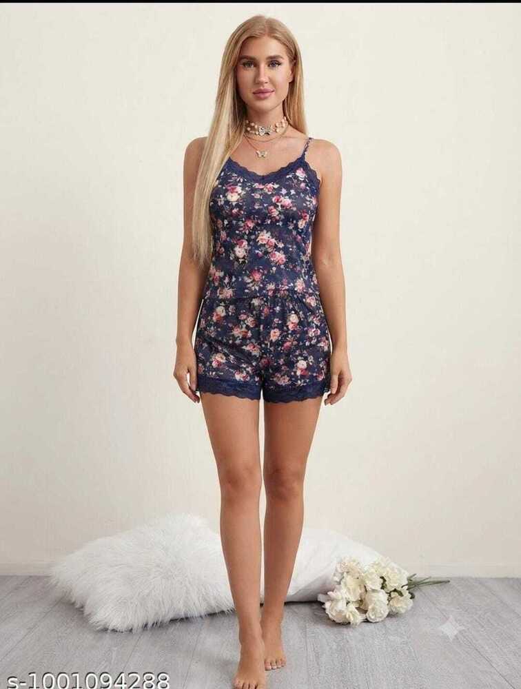 Ladies Printed Satin Shorts Night Suit Set