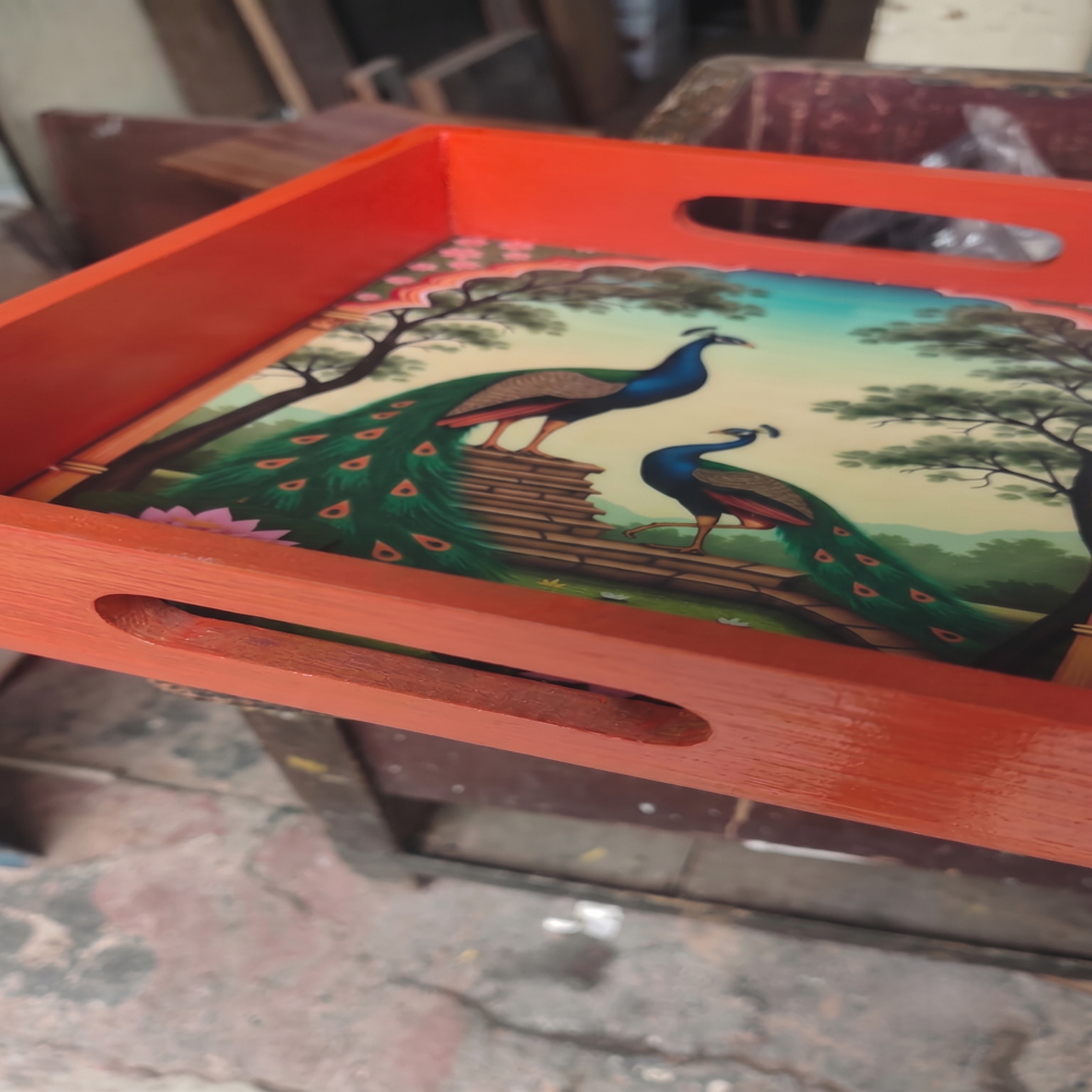 Wooden Serving Tray with Peacock Print, Orange Lacquer Finish, 12x12 Inch