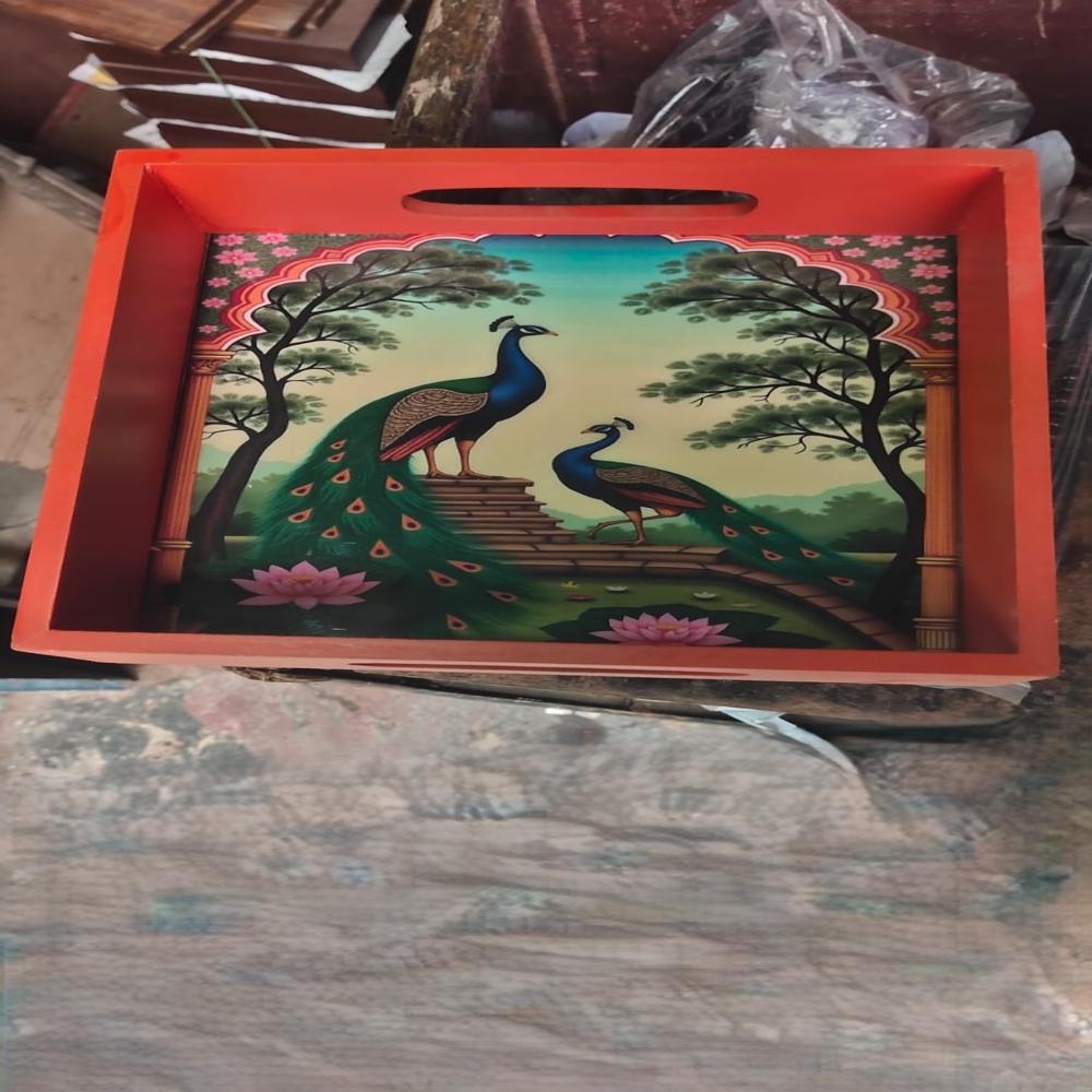 Wooden Serving Tray with Peacock Print, Orange Lacquer Finish, 12x12 Inch