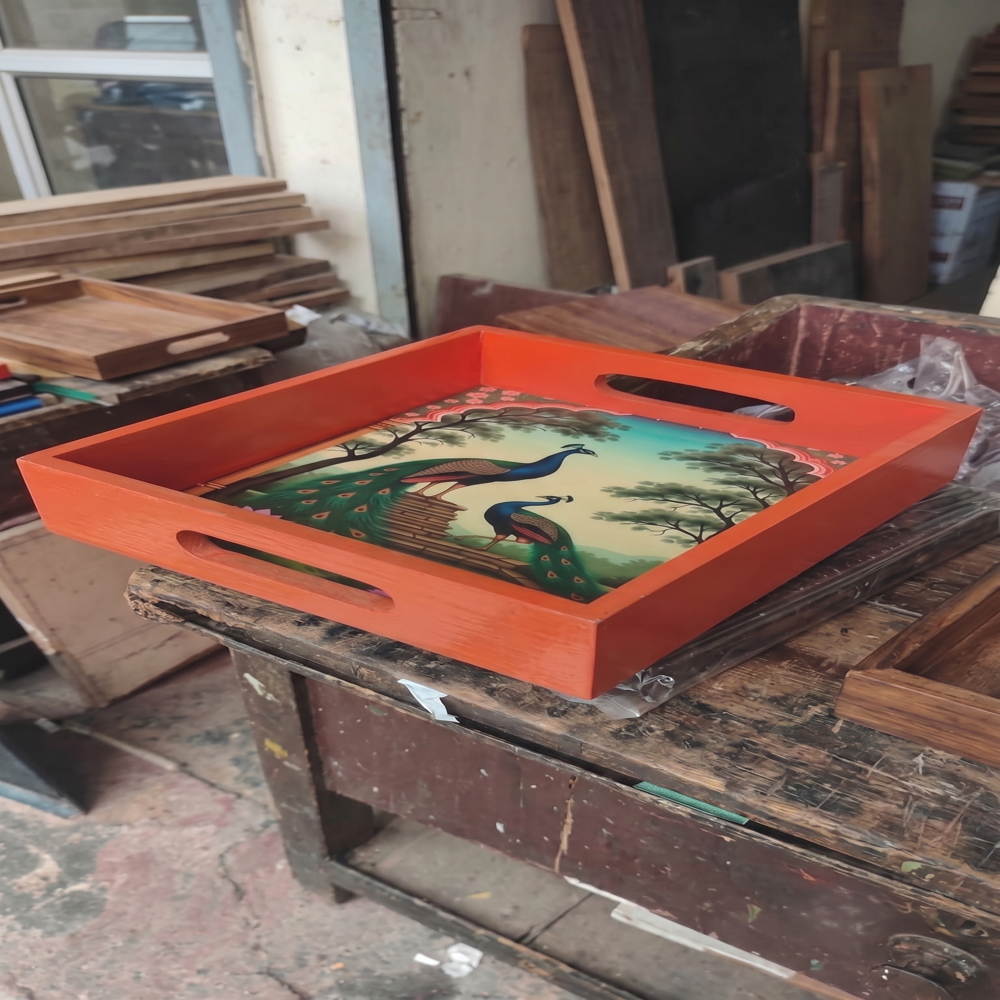 Wooden Serving Tray with Peacock Print, Orange Lacquer Finish, 12x12 Inch