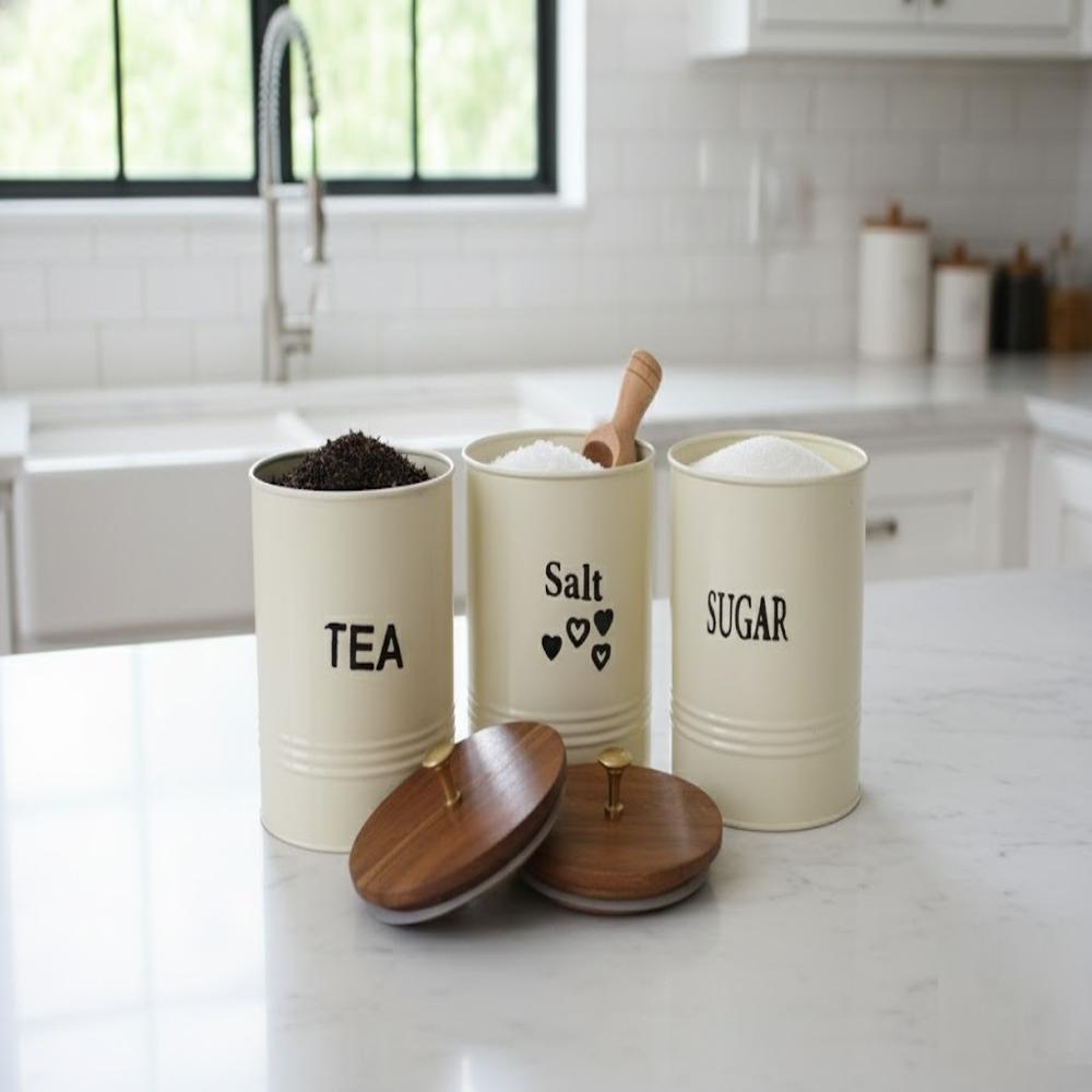 Metal Salt Tea Sugar Canister Set With Wooden Lid | 3 Piece Airtight Kitchen Storage Jar Set - Color: Cream
