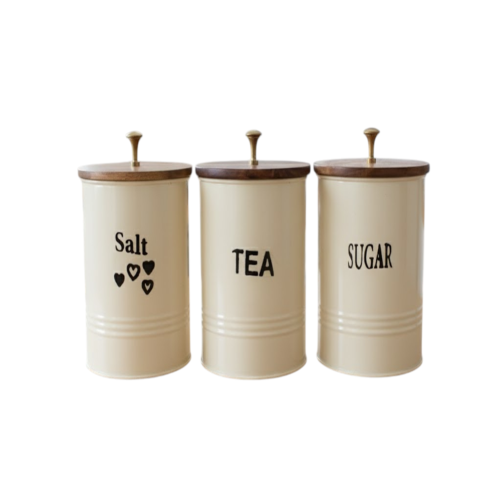 Metal Salt Tea Sugar Canister Set with Wooden Lid | 3 Piece Airtight Kitchen Storage Jar Set
