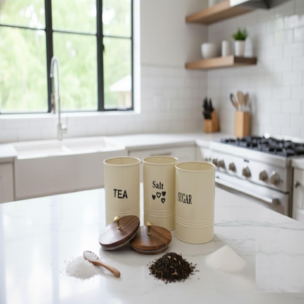 Metal Salt Tea Sugar Canister Set with Wooden Lid | 3 Piece Airtight Kitchen Storage Jar Set