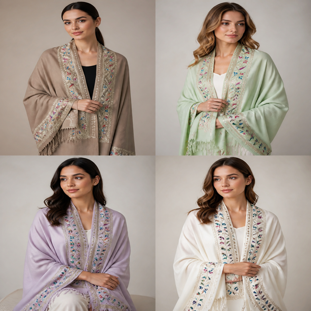 Pure wool embroidered 4 side zari resham chinar border stoles.