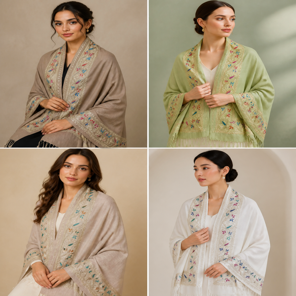Pure wool embroidered 4 side zari resham chinar border stoles.