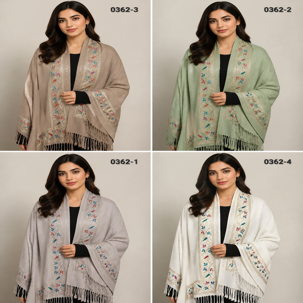 Pure wool embroidered 4 side zari resham chinar border stoles.