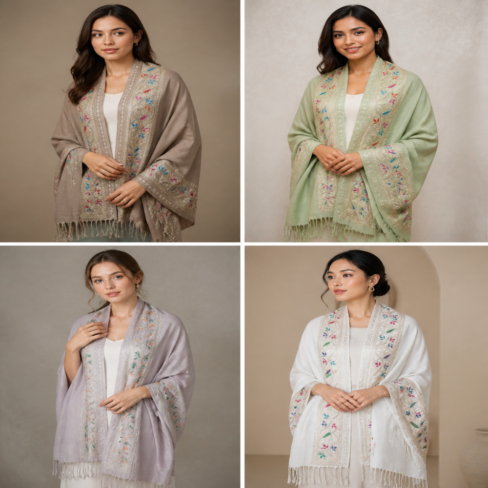 Pure wool embroidered 4 side zari resham chinar border stoles.