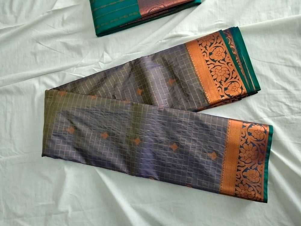 Steel Grey Checks Soft Silk Saree