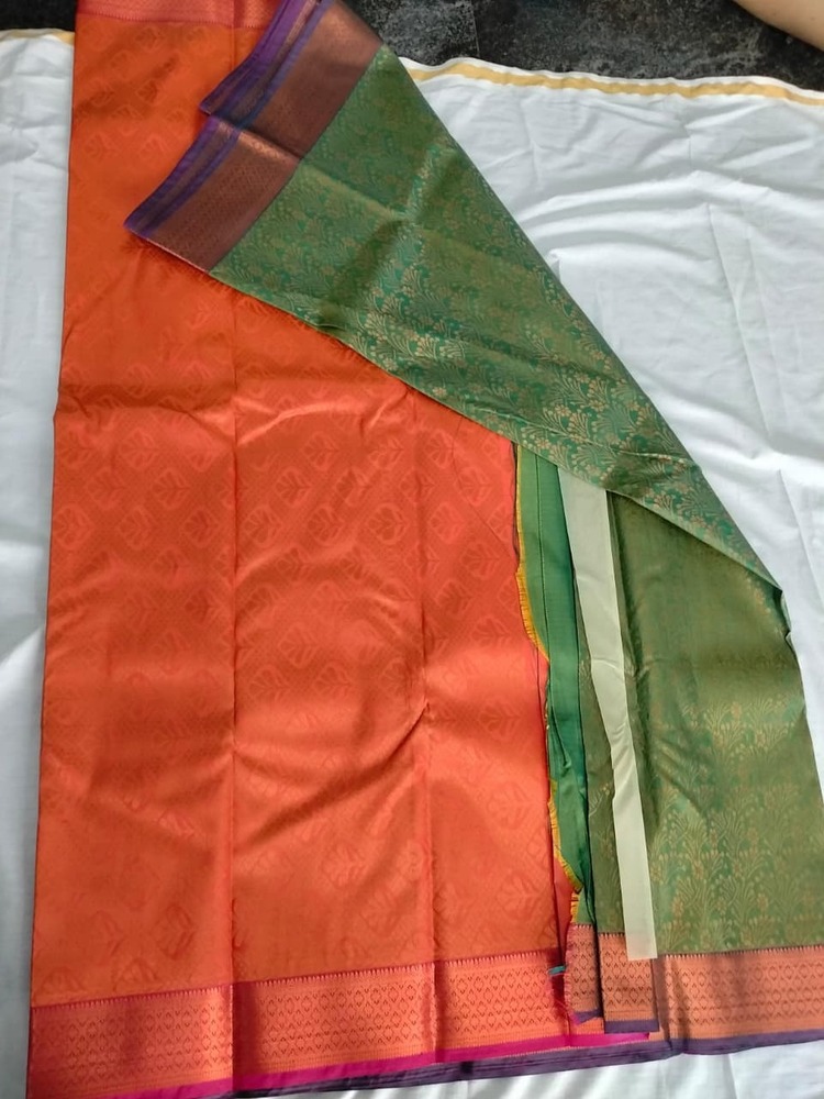 Orange Green Dual Tone Bridal Kanjivaram Silk Saree