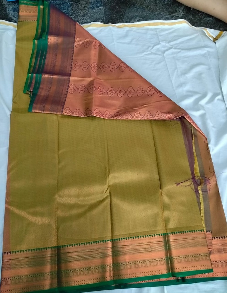 Olive Green Traditional Bridal Silk Saree with Zari Border