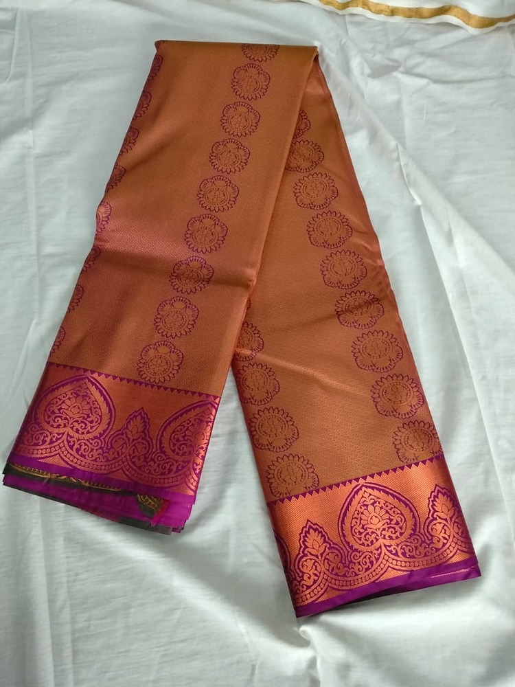 Copper Gold Bridal Silk Saree with Purple Border