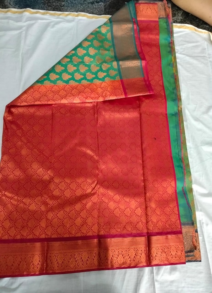 Coral Orange Bridal Silk Saree with Green Contrast Pallu