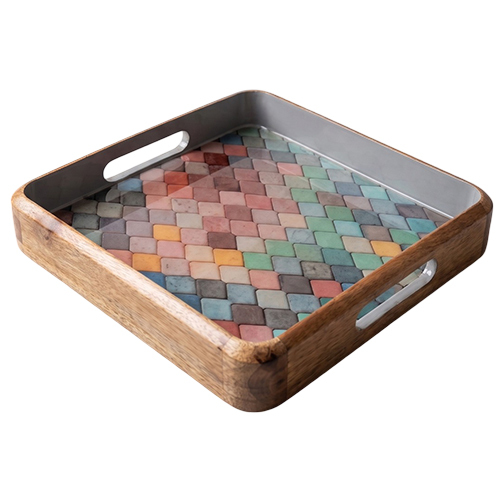 Wooden Serving Tray Enamel With Mosaic Stone Inlay - Color: Natural