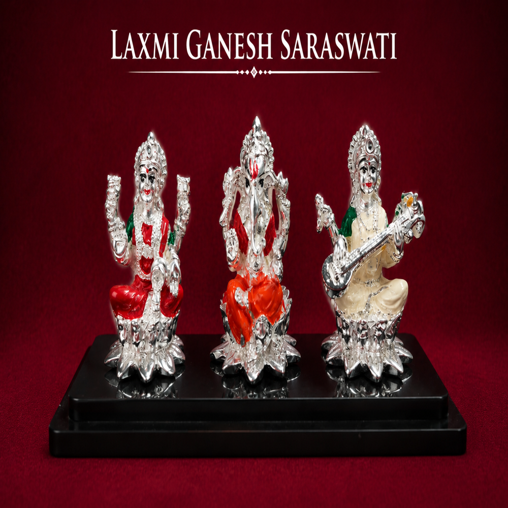 SILVER PLATED LAXMI GANESH SARASWATI IDOL