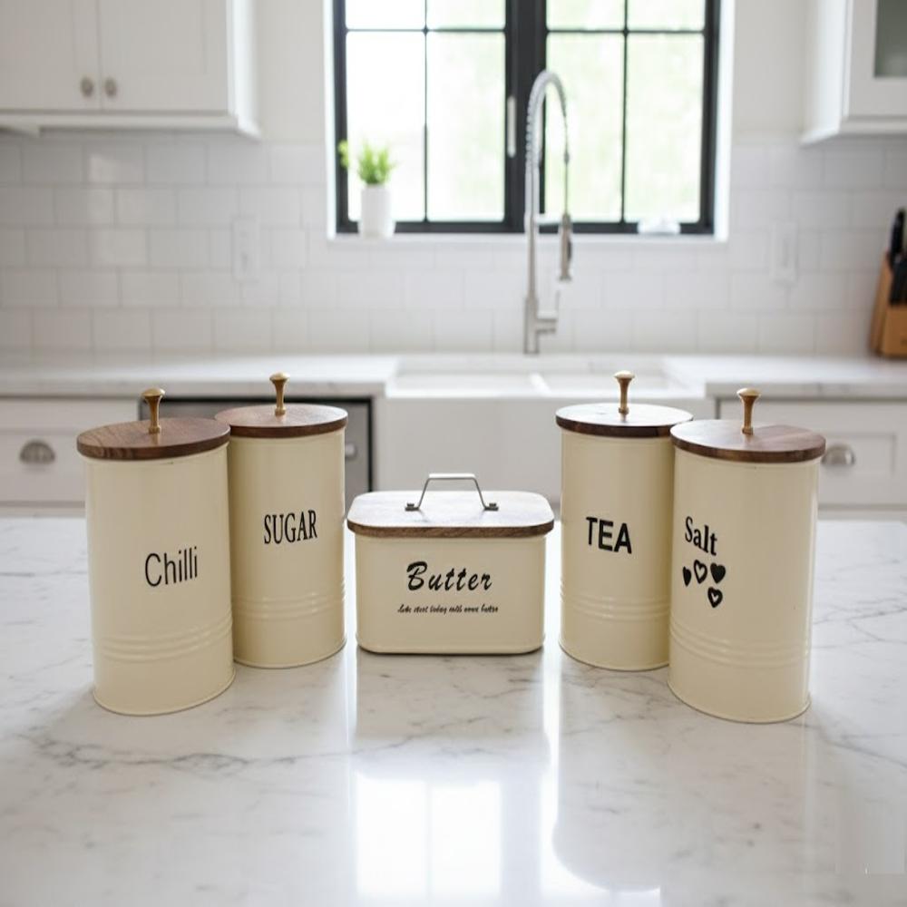 Metal Kitchen Canister Set With Wooden Lid - Color: Cream