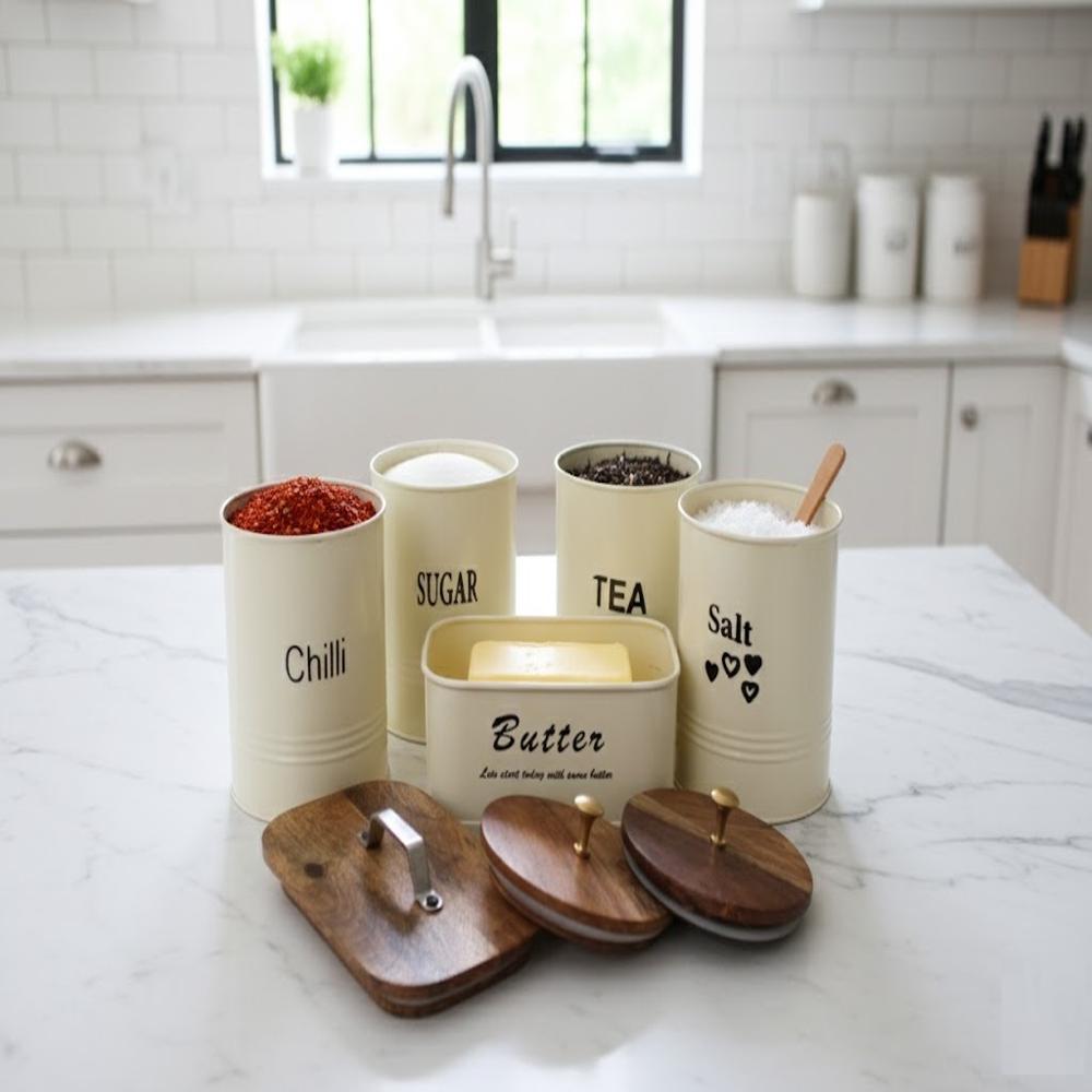 Metal Kitchen Canister Set with Wooden Lid | 5 Pcs Salt Sugar Tea Chilli Storage Jar & Butter Box | Acacia Wood Handle