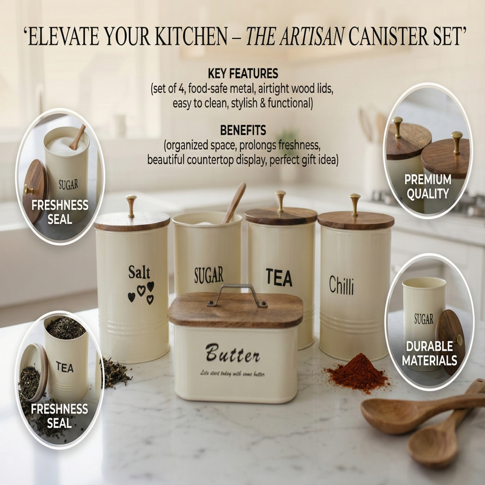Metal Kitchen Canister Set with Wooden Lid | 5 Pcs Salt Sugar Tea Chilli Storage Jar & Butter Box | Acacia Wood Handle
