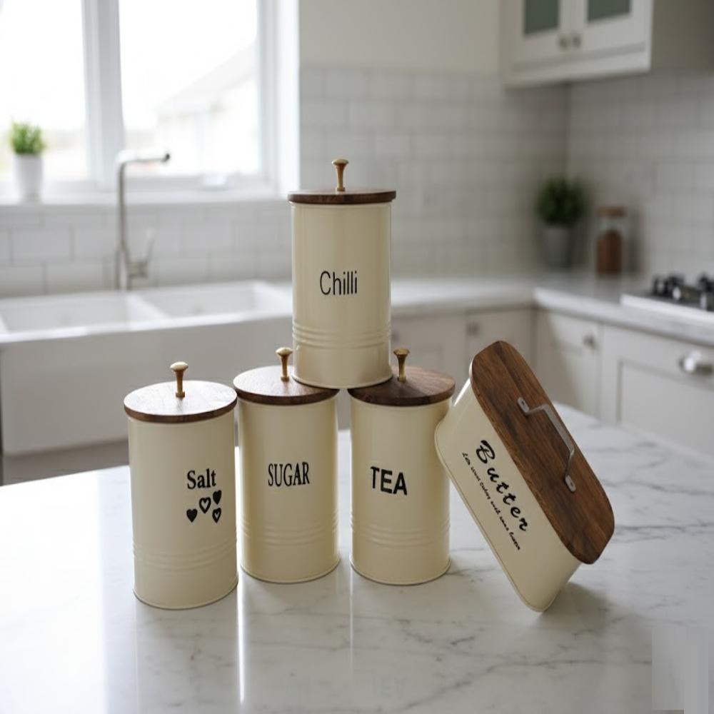 Metal Kitchen Canister Set with Wooden Lid | 5 Pcs Salt Sugar Tea Chilli Storage Jar & Butter Box | Acacia Wood Handle