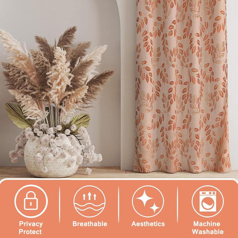 Premium Jacquard Leaf Printed Orange Curtain with Eyelet Rings
