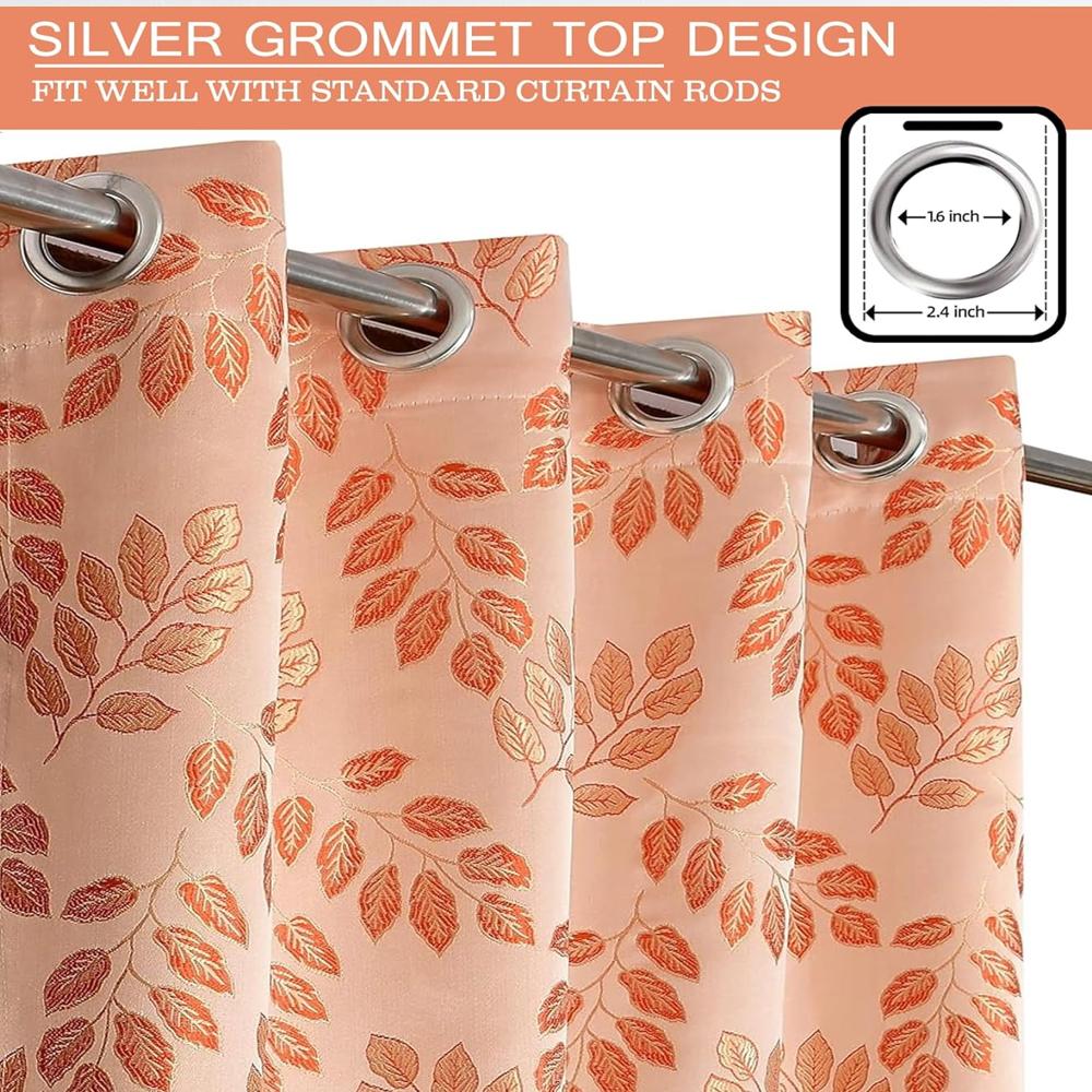 Premium Jacquard Leaf Printed Orange Curtain with Eyelet Rings