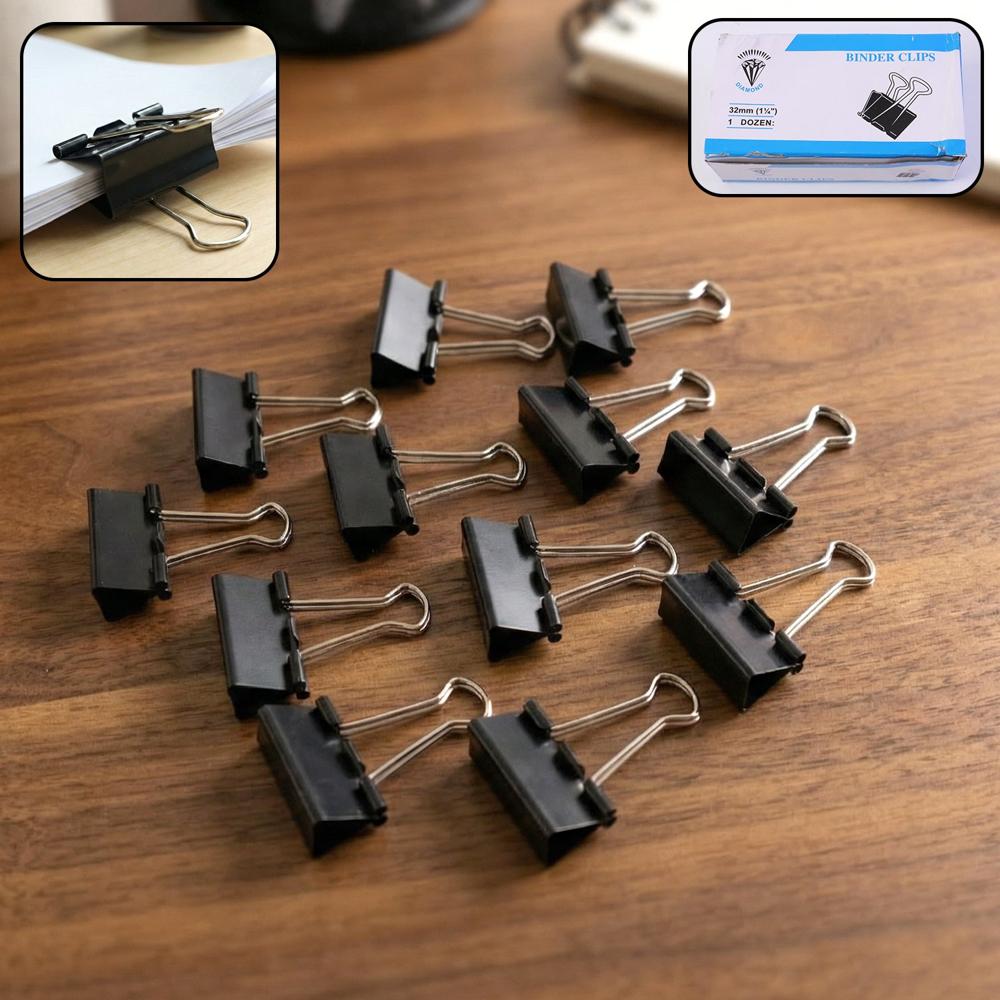 Medium Size Heavy-Duty Black Binder Clips Set (32 Mm 12 Pc) - Application: As Per Product Requirement