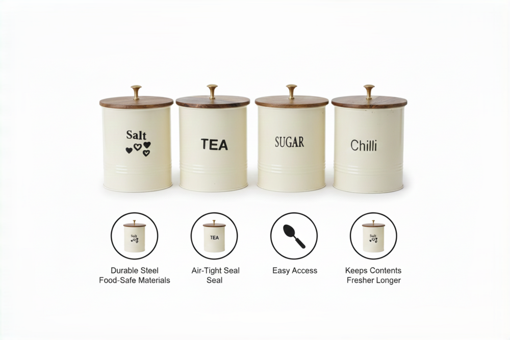 Powder Coated Metal Storage Canister Set 5 Piece with Mango/Acacia Wood Lid & Brass Knob | Kitchen Container Set