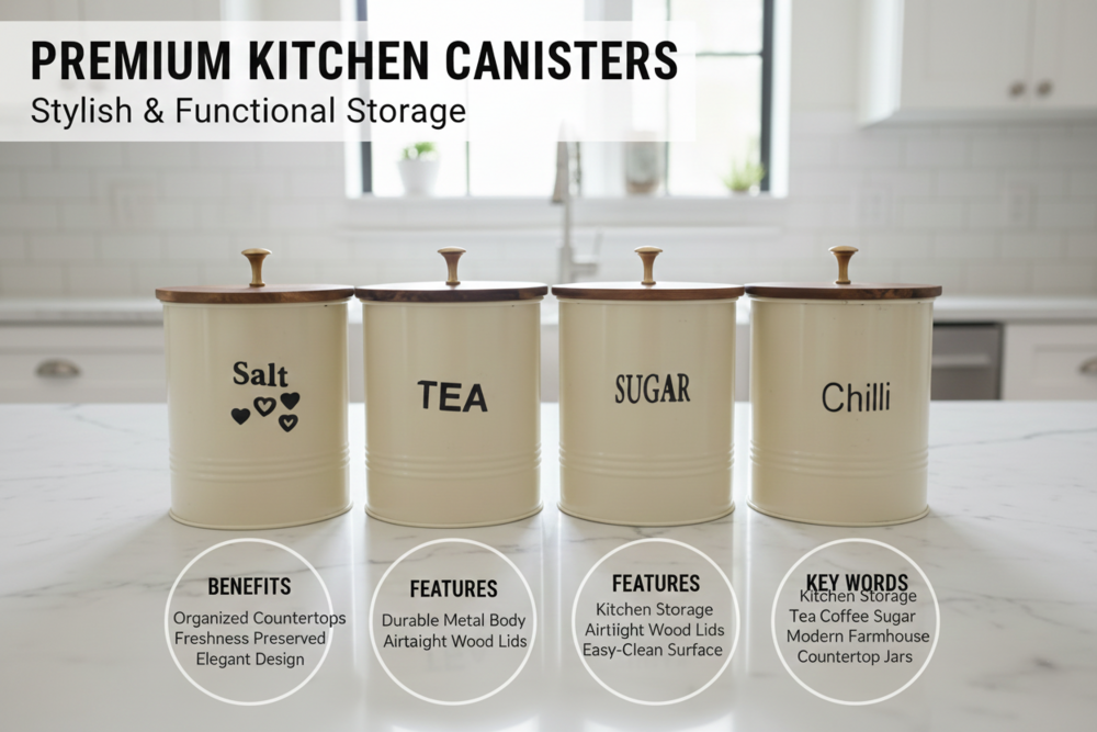Powder Coated Metal Storage Canister Set 5 Piece with Mango/Acacia Wood Lid & Brass Knob | Kitchen Container Set