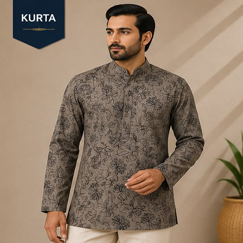 Design No 1615 Flower Printed Taupe Color Kurta