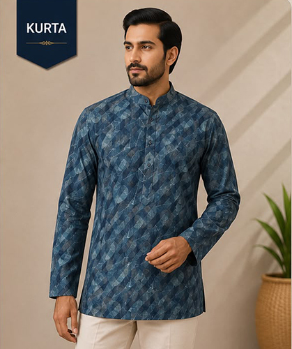 Design No 1615 Printed Denim Blue Color Kurta