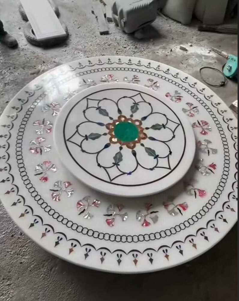 White Marble Premium Round Dining Table With Inlay Work