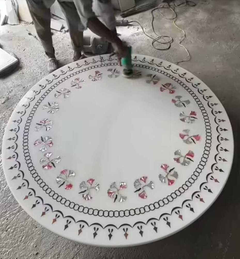 White Marble Premium Round Dining Table With Inlay Work