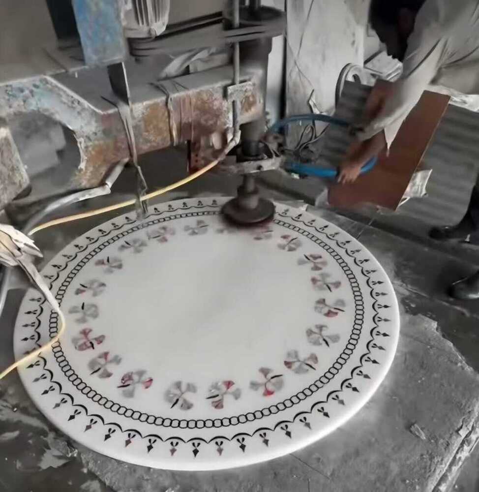 White Marble Premium Round Dining Table With Inlay Work