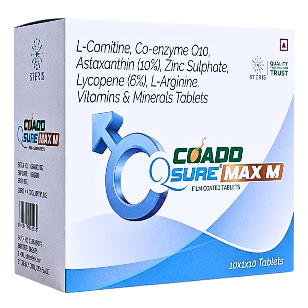 L-carnitine , Co-enzyme Q10 Astaxanthin (10%) Zinc Sulphate, Lycopene (6%) L-arginine Vitamins & Minerals Tablets - Brand Name: Co Add Q Sure Max M